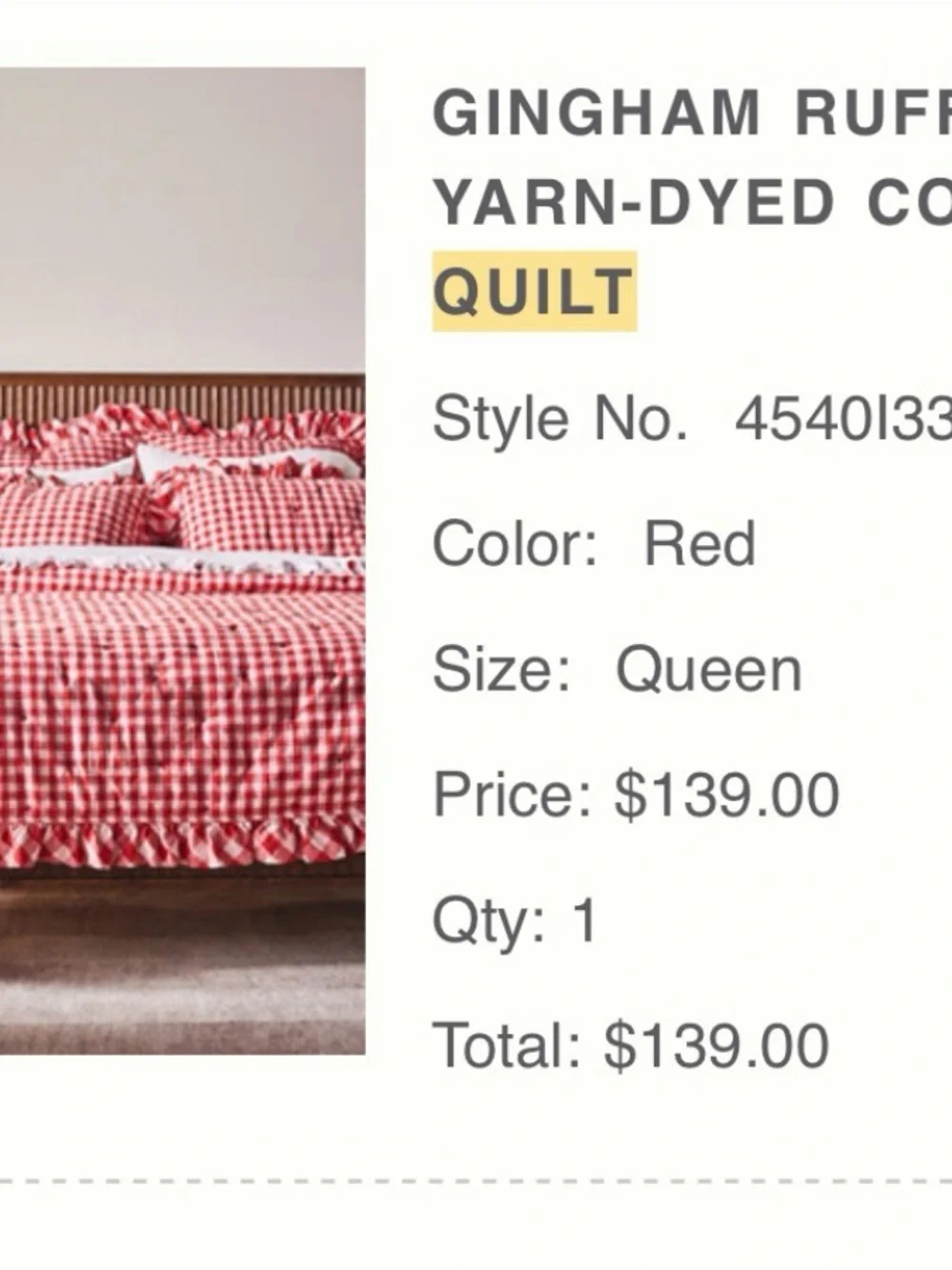 Gingham Ruffled Yarn-Dyed Cotton Quilt - Red